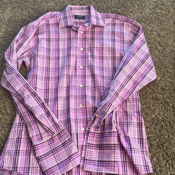 Duchamp 16 1/2 35/36 Purple Plaid French Cuff Dress Shirt - Picture 5 of 7